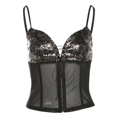 Glitter v neck mesh self tie cami top
