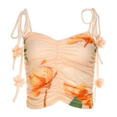 Ruched flower print v neck mesh cami top