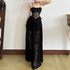 Lace ruffle v neck backless cami maxi dress