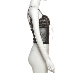 Glitter v neck mesh self tie cami top