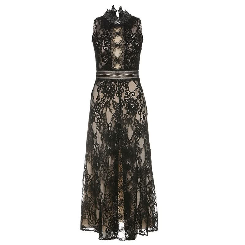 Lace slit zip-up irregular crewneck midi dress