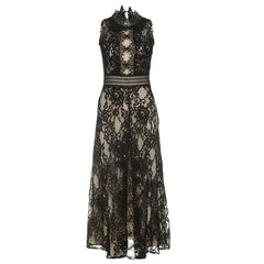 Lace slit zip-up irregular crewneck midi dress