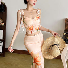 Ruched flower print v neck mesh cami top