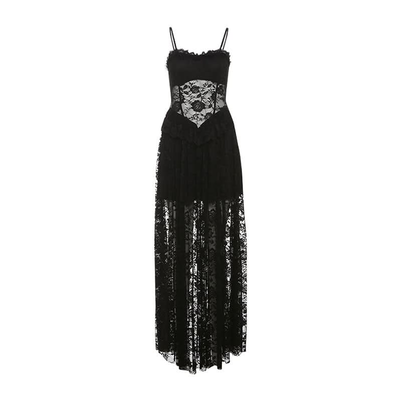 Lace ruffle v neck backless cami maxi dress