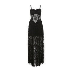 Lace ruffle v neck backless cami maxi dress