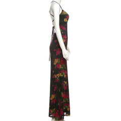 Print v neck cross back self tie cami maxi dress
