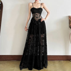Lace ruffle v neck backless cami maxi dress