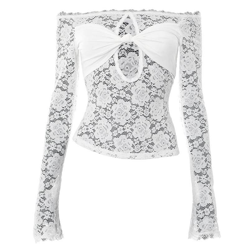 Long sleeve lace hem hollow out off shoulder cut out top