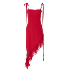 Irregular ruffle self tie solid cami midi dress