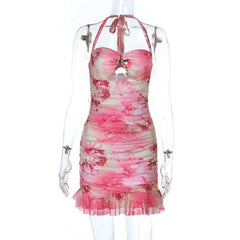 Halter self tie ruched hollow out print cut out mini dress
