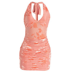 V neck halter self tie print ruched mini dress