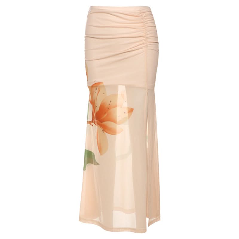 Slit ruched flower print mesh maxi skirt