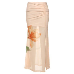 Slit ruched flower print mesh maxi skirt