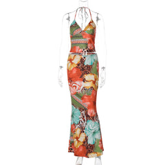 V neck self tie halter flower print maxi skirt set