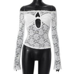 Long sleeve lace hem hollow out off shoulder cut out top