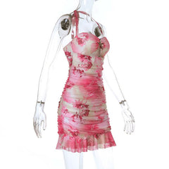 Halter self tie ruched hollow out print cut out mini dress