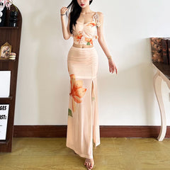 Slit ruched flower print mesh maxi skirt