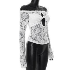 Long sleeve lace hem hollow out off shoulder cut out top