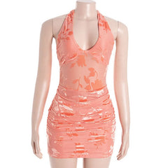 V neck halter self tie print ruched mini dress