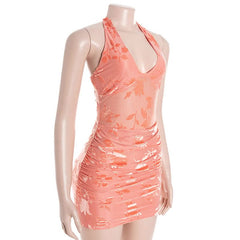 V neck halter self tie print ruched mini dress
