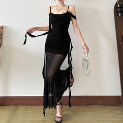 Mesh irregular backless cami maxi dress