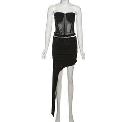 Irregular ruffle ruched tube mini skirt set