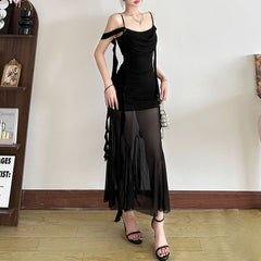 Mesh irregular backless cami maxi dress