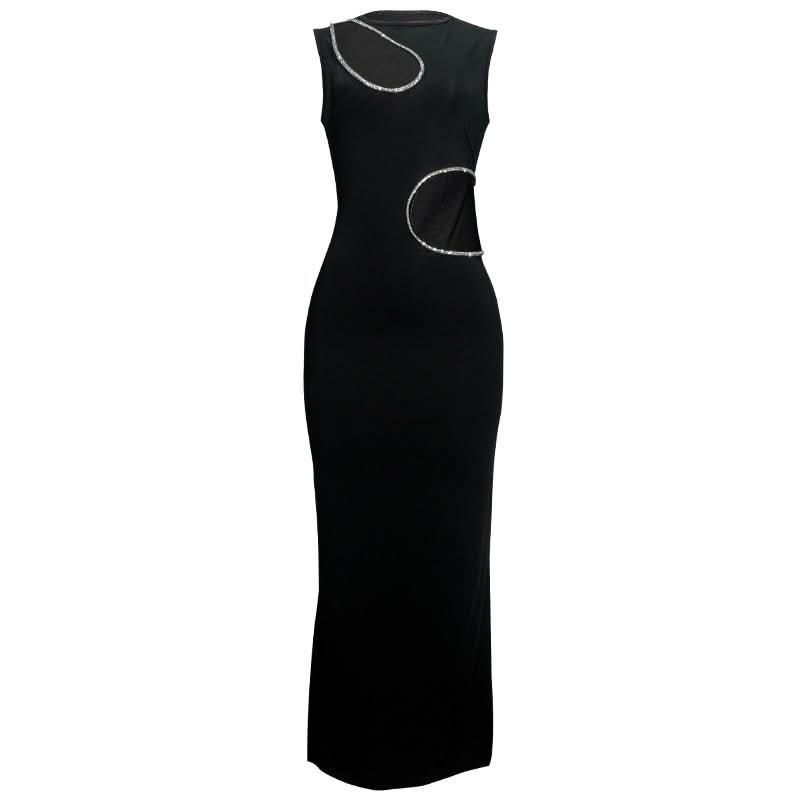Beaded hollow out crewneck irregular cut out maxi dress
