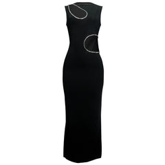 Beaded hollow out crewneck irregular cut out maxi dress