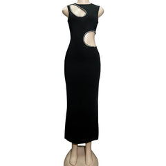 Beaded hollow out crewneck irregular cut out maxi dress
