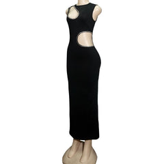 Beaded hollow out crewneck irregular cut out maxi dress