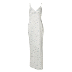 Slit v neck flower print zip-up cami maxi dress
