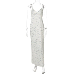 Slit v neck flower print zip-up cami maxi dress