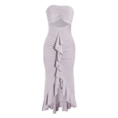 Hollow out ruched ruffle tube cut out maxi dress