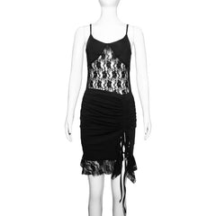Drawstring ruched lace u neck cami mini dress