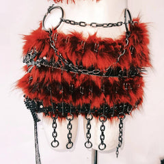 Skull applique o ring metal chain fluffy mini skirt set
