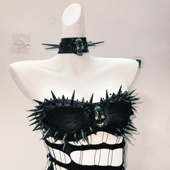 Rivet hollow out skull applique mini skirt set