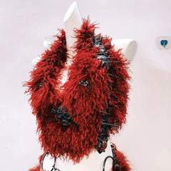 Skull applique o ring metal chain fluffy mini skirt set