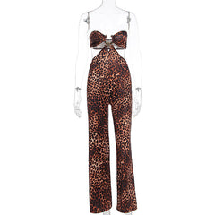 Leopard print hollow out jumpsuit