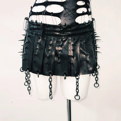 Rivet hollow out skull applique mini skirt set