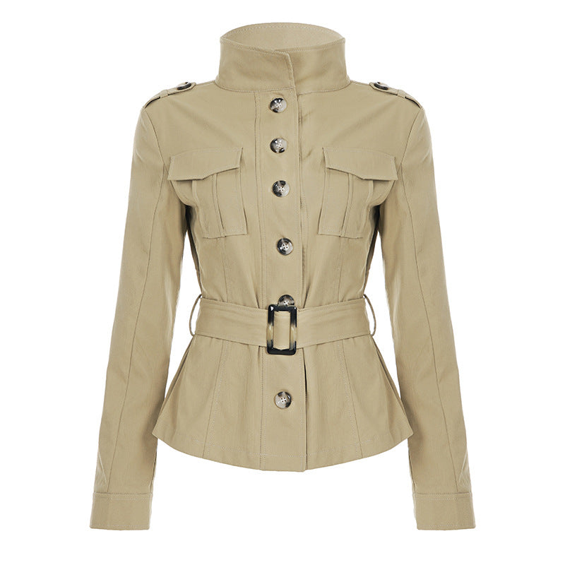 Long sleeve button buckle high neck coat top