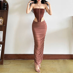 Ruched hollow out mesh tube cut out maxi dress
