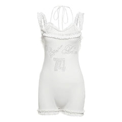 Ruffle halter self tie letter v neck romper