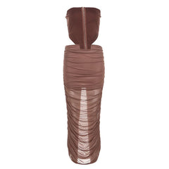 Ruched hollow out mesh tube cut out maxi dress