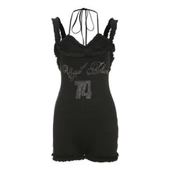 Ruffle halter self tie letter v neck romper
