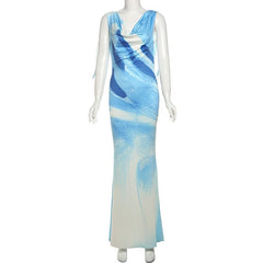 Cowl neck print backless contrast maxi dress