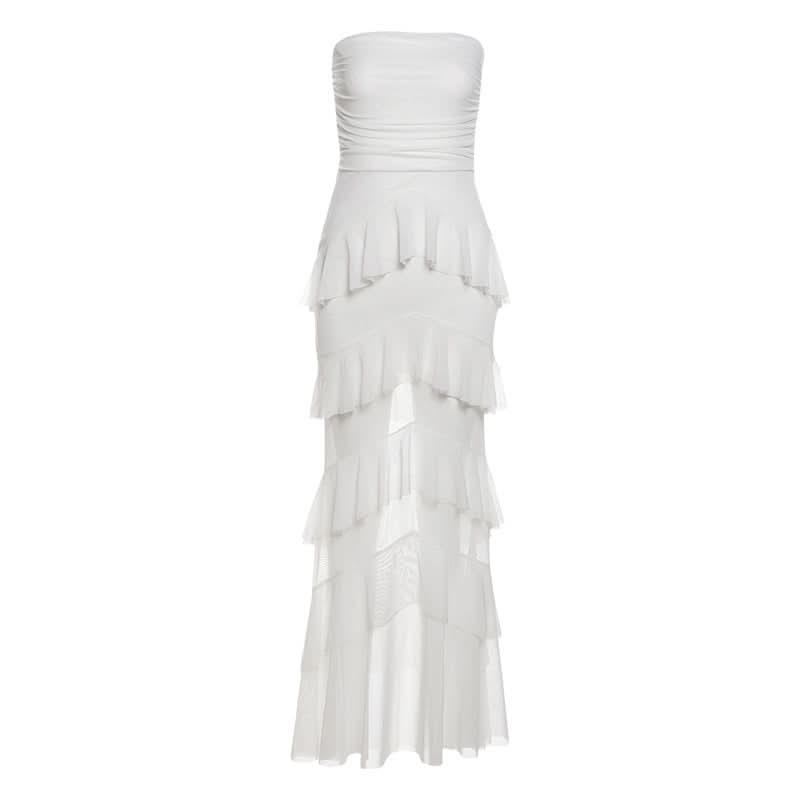 Ruched mesh ruffle solid tube maxi dress