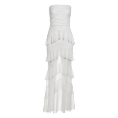 Ruched mesh ruffle solid tube maxi dress