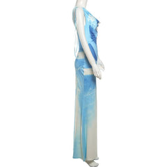 Cowl neck print backless contrast maxi dress