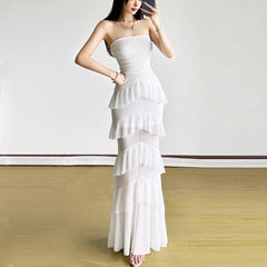 Ruched mesh ruffle solid tube maxi dress